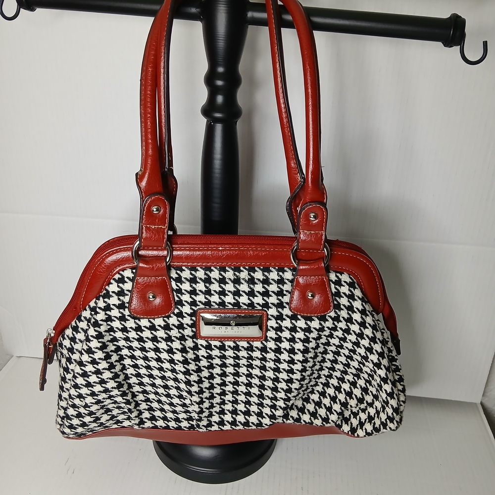 Rosetti EST 1994 Red and White Houndstooth Handbag with Red Leather Strap